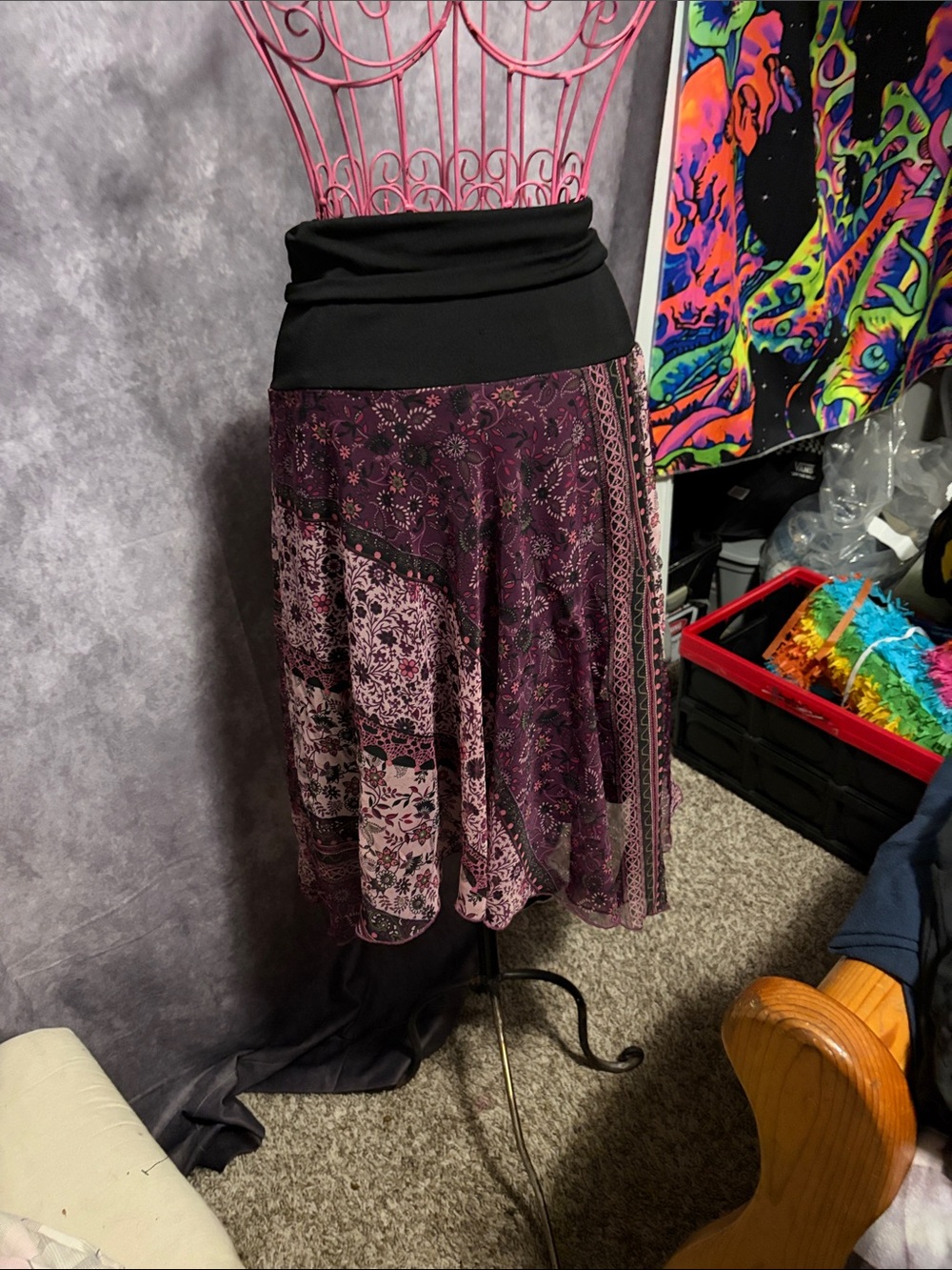 Bohemian Patchwork Purple Midi Skirt with Black Waistband